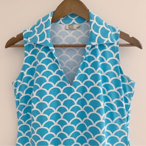 Katherine Way Scallop Print Dress Small Collared Sleeveless Aqua White - Picture 2 of 6